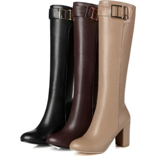 Fashion Women Kneelength High Boots Round Toe Faux Leather High Heel Boots Autumn and Winter Zipper Ladies Black Apricot Brown