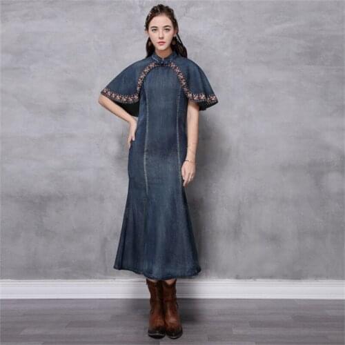 Womens Denim Dress 2020 Vintage Summer Women Cloak Sleeve Dresses Stand Collar Mermaid Cheongsam Female Cotton Vestidos