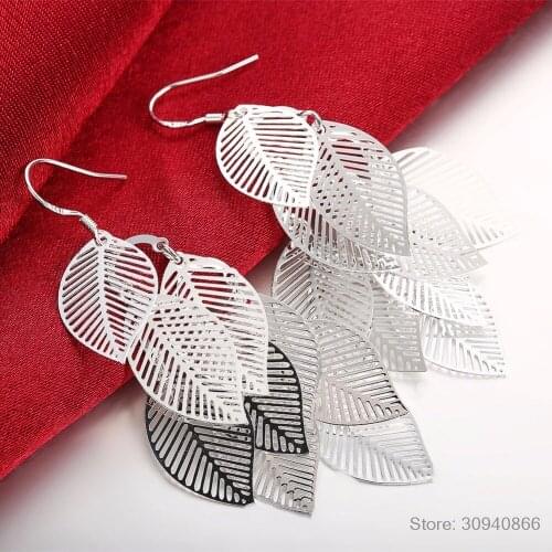 925 Silver Layered Hollow Leaves Tassel Long Drop Earrings For Women Fashion Silver Jewelry
