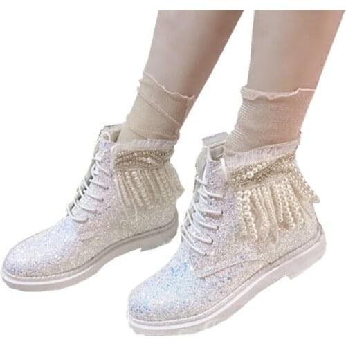 Sequins Symphony White Tassel High Help Womens Shoes Martin Boots Casual Japanese Vintage Sweet girl Lolita Shoes Middle Heel