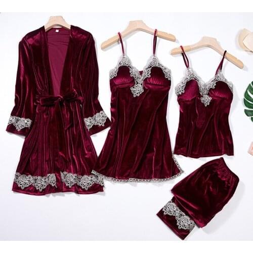 Soft Kimono Bathrobe Gown Velvet Female 4PCS Pajamas Set Sleepwear Sexy Lace Velour Nightwear 2021 New Sleep Set Casual Homewear