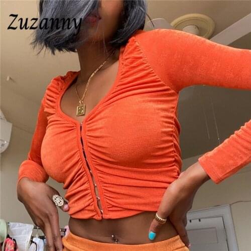 Zuzanny Long Sleeve Crop Top Y2K V Neck Autumn 2021 Sexy Basic Slim Fashion Ladies Orange Green Vintage Ruched Woman T Shirt