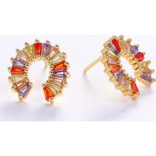 LUALA Luxury Gold Color Rainbow CZ Womens Earring Horseshoe Butterfly Stud Earrings for Qomen Jewelry Gift S925 Needle