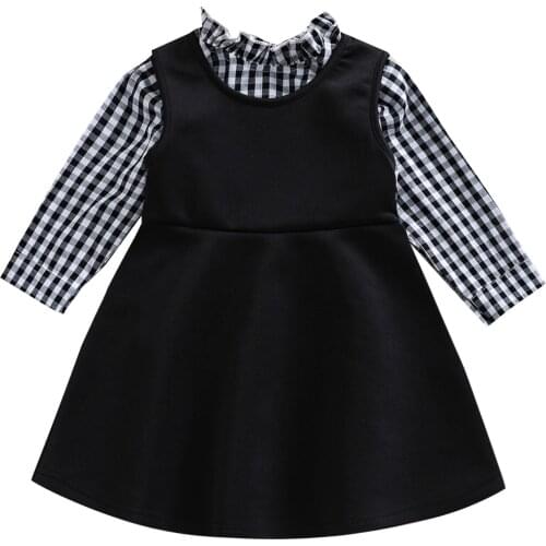 Fashion Girls 2pcs Dress Clothes 1-5Y Ruffles Collar Plaid Printed Long Sleeve T Shirts+Solid Sundress