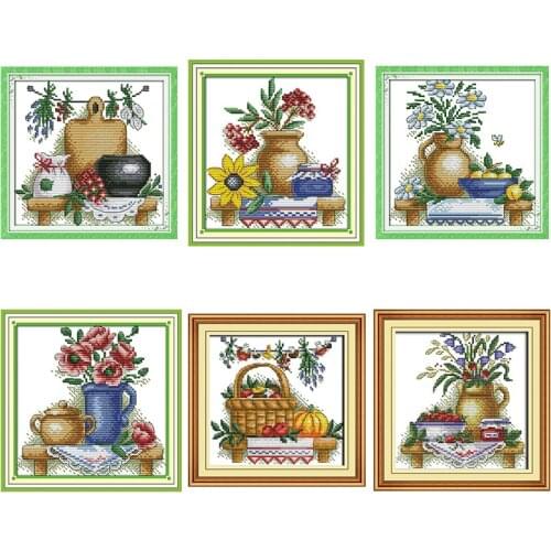 Teapot & Flowers Printed Cross Stitch Kit 11ct 14ct Count Canvas Cross Stitch Embroidery DIY Manual Needlework Home Decoration