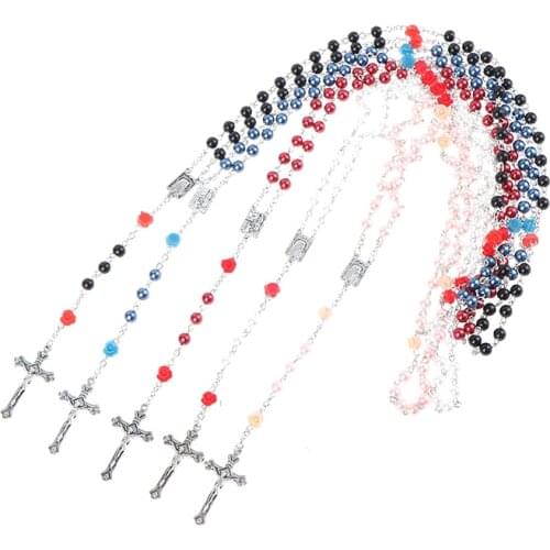 New Fashion DIY Handmade Round Glass Bead Catholic Rosary Quality Bead Cross Necklace Beads Cross Religious Pendants Necklace