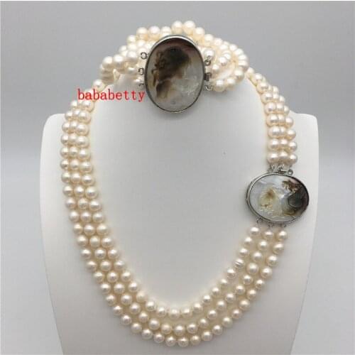 New 3 rows natural freshwater pearl 7-8 mm necklace bracelet set shell clasp 20inches
