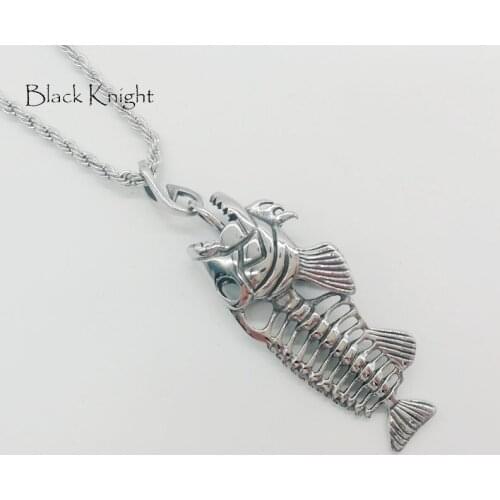 Black Knight Fishing hook fish bone skull pendant necklace mens stainless steel fish bone punk hip hop necklace BLKN0701