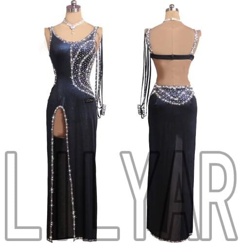 New Latin Dance Dress Competition Dress Costumes Skirt Performing Dress Rhinestones Adult Customize Children Purple Tassel Skirt