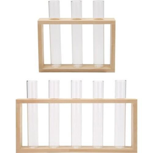 Transparent Glass Vase Wood Frame Iron Art Terrarium Bonsai Table Ornaments Glass and Wood Vase Planter Terrarium Table Desktop