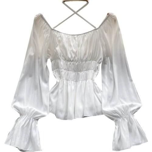 Long-Sleeved Chiffon Shirt Autumn Womens Retro Waist Puff Sleeve Pleated Square Collar Short Western-Style Blouse