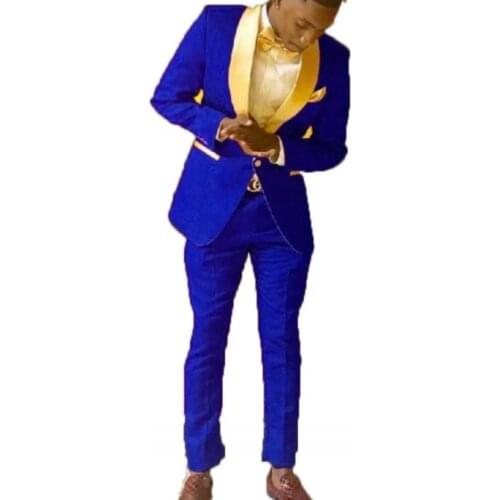 Groomsmen Royal Blue Groom Tuxedos Shawl Gold Lapel Men Suits 2 Pieces Wedding Bridegroom ( Jacket+Trousers+Tie)