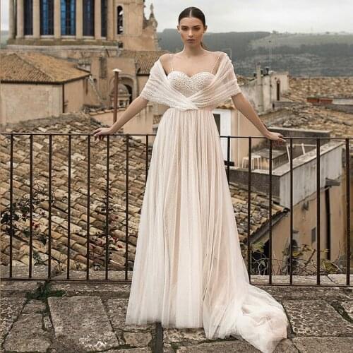 Stylish Champagne Beach Wedding Dress A-line Sweep Train Beading Tulle Bridal Dress Party Dresses Vinatge