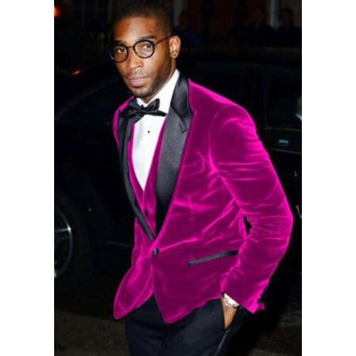Stylish Design One Button Fuchsia Velvet Groom Tuxedos Groomsmen Peak Lapel Mens Suits Blazers (Jacket+Pants+Vest+Tie) W:1091