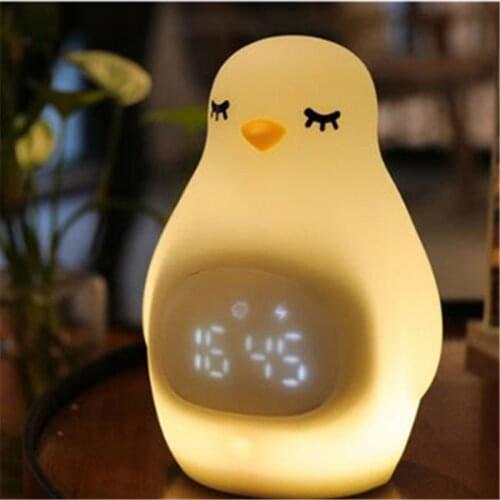 LED Penguin Silicone Alarm Clock Night Light USB Charging Dimming Dual Color Table Lamp Creative Home Decoration Childrens Gift
