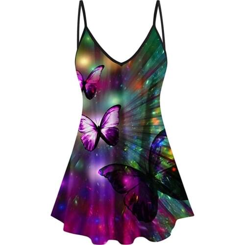 Women Camisole Plus Size V Neck Butterfly Print Spaghetti Straps Loose T-shirt V-neck Butterfly Print Spaghetti Strap Top Lady