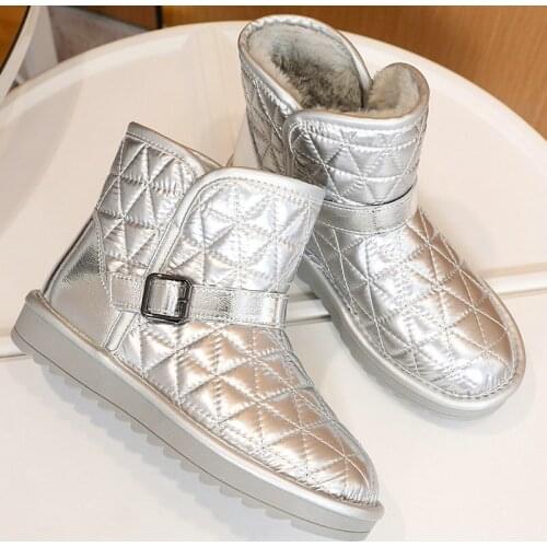 2021 Winter Round Toe Mid-tube Leather Snow Boots Womens Down Cloth Silver Flat-heeled Small Fragrant Wind Low-top Snow Boots