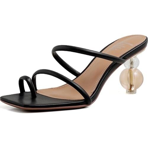 Summer Outdoor Fashion Women Genuine Leather Crystal Heels Ankle Strap Slippers Sandals Ladies Square Toe Flip-flops 20200420