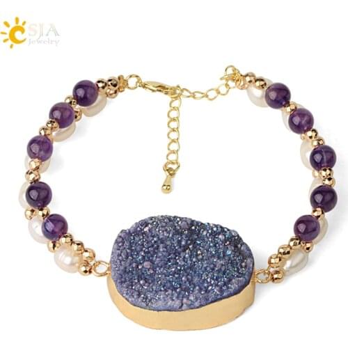 CSJA Natural Stone Pearl Double Layer Bracelets Rectangle Geode Druzy Crystal Quartz Strand Bangle for Women Trendy Jewelry G450