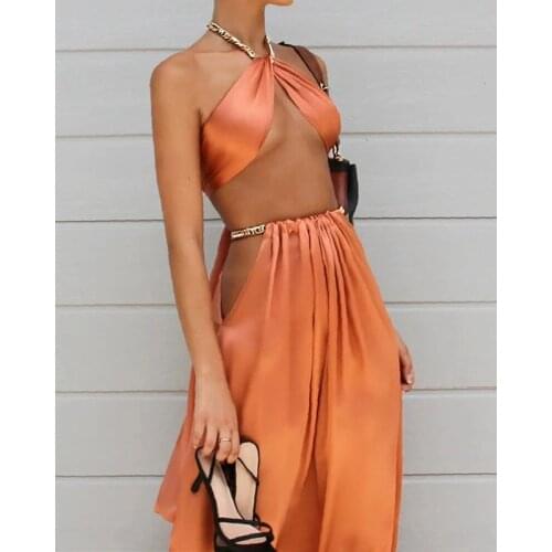 Women Summer Sexy Two-piece Set Dress Spaghetti Strap Backless Crop Top Metal Chain Solid Dresses 2 Piece Sets Club Party Dress