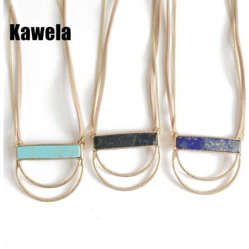 New Natural Stone Pendant Geometric Brown Rope Punk Necklace For Women