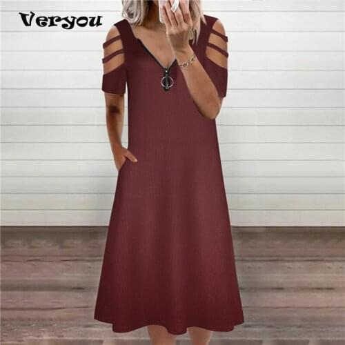 2021 Women Fashion Summer Loose Dress Off Shoulder Short Sleeve Midi Dress Sexy Zipper V Neck Hollow Out Casual Dress Vestido