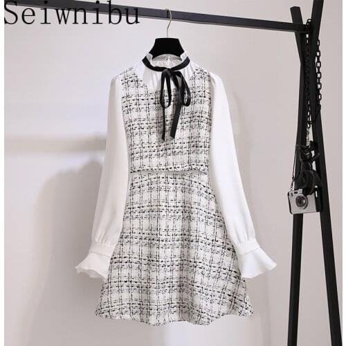 2020 Spring Autumn Women Tweed Stitching Plaid A Line Dress Long Sleeve Ribbon Bow Tie Stand Collar Fake Two Piece Wool Dress