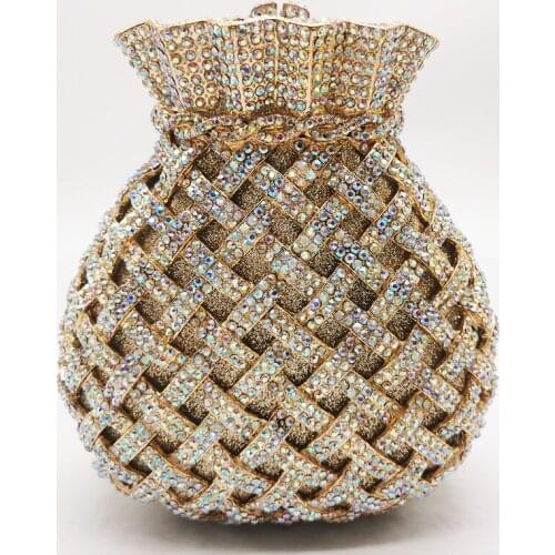 Gold Metal AB Rhinestone Evening Clutch For Lady Wedding Bridal Shoulder Money Bag American And European Fashion Wedding Purses
