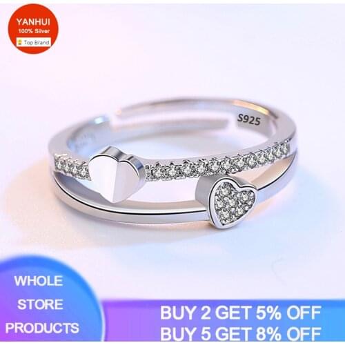 100% Real 925 Sterling Silver Double Heart Temperament Sweet Personality Fresh Fashion Korea Female Cute Resizable Opening Rings
