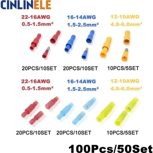 100Pieces 50Set Bullet Shape Wire electrical Connector Male Female Crimp Insulation Nylon Cable Terminal FRD MPD Car Terminator