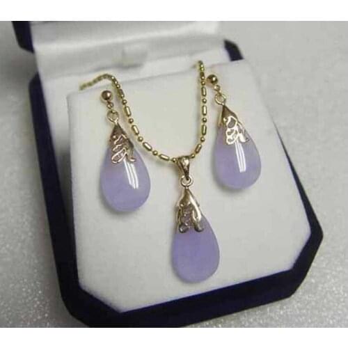 AAA Beautiful Jewelry Purple jade pendant necklace earring set