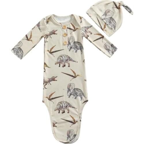 Babies Sleeping Bag and Cap, Dinosaur Printed Pattern Long Sleeve Round Collar Sleeping Bag, 0-3 Months