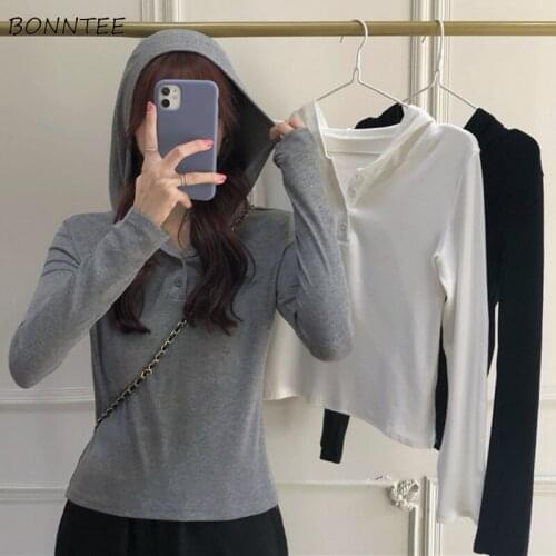 T-shirts Women Long Sleeve Clothes Autumn Basic New Arrival Slim Hooded Crop Top 90s Button Fashion Design All-match Aesthetic