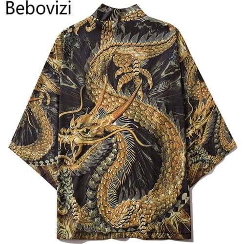Bebovizi Harajuku Chinese Golden Dragon Kimono Men Women Japanese Streetwear Traditional Cardigan Yukata Male Haori Obi Clothes