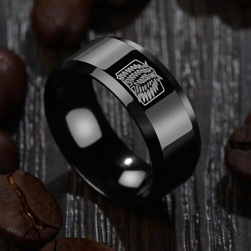 8mm Attack on Titan Black sliver Stainless Steel Ring Wings Of Liberty Flag Finger Rings For Men Women Jewelry Anime Fans