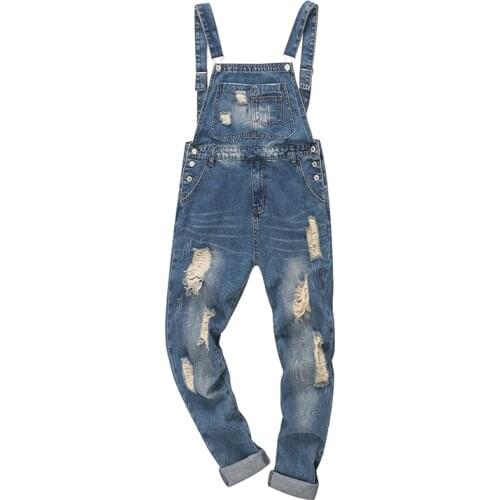 New Mens Male Fashion Casual Ankle Length Holes Ripped Denim Bib Overalls Distressed Jeans Coveralls For Youth