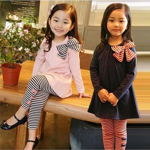 Baby Girls Bow-knot Top+Stripe Leggings Set, 2-8 Years Dark Blue Pink 2 Color Infant Girls Children 2Pcs Casual Outfit Clothing
