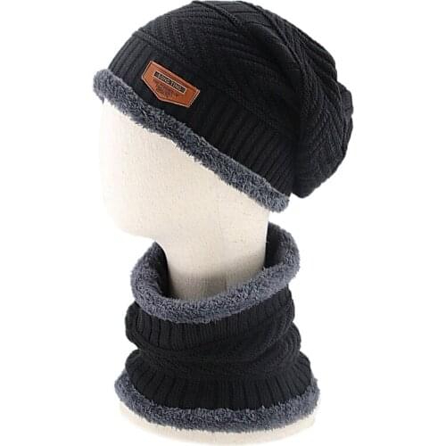 2Pcs Winter Chunky Knit Beanie Hat Circle Scarf Set Plush Lined Warm Skull Cap H9ED