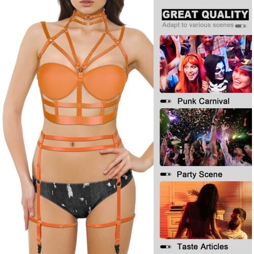 Women Punk Choker Bondage Underwear 2pcs Set Bra Suspender Stockings Garter Belt Body Binding Belt Sexy Erotic Lingerie For Bdsm