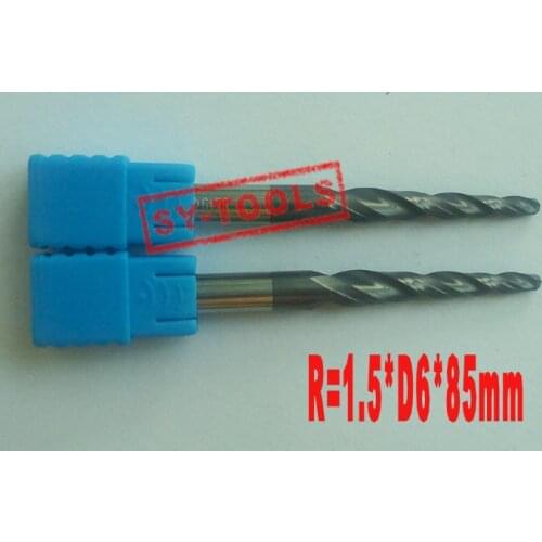 1pc R1.5*D6*45*85L*2F HRC55 Tungsten solid carbide Coated Tapered Ball Nose End Mills taper and cone endmills