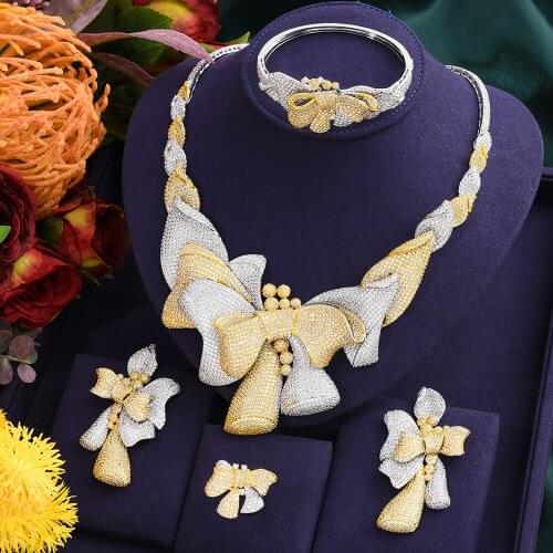 Missvikki Elegant Big Bow Fine 4PCS Luxury Earrings Necklace Jewelry Set for Women Romantic Bridal Wedding Engagement Jewelry