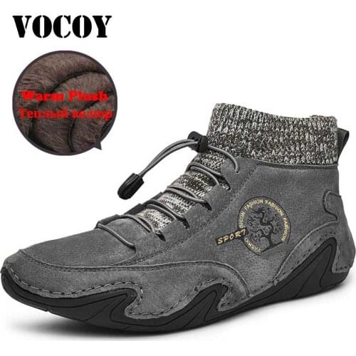 Vocoy Winter Mens Snow Leather Boots Warm Soft Fur Lining Ankle Comfortable Work Casual Driving Slip-On Autumn Walking Shoes