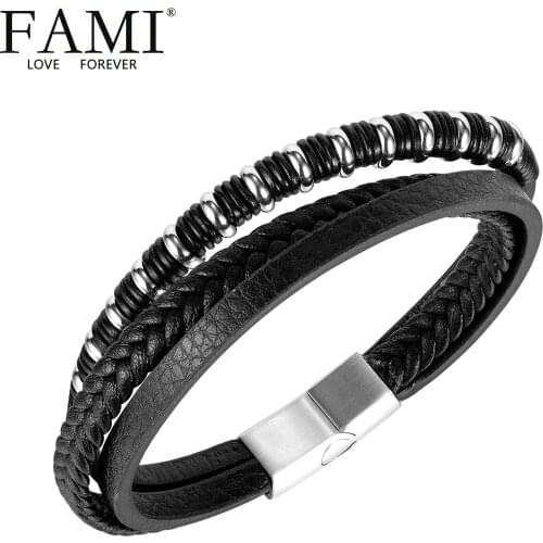 FAMI BANGLE multi-layer leather woven magnetic buckle mens bracelet Japan and South Korea trend fashion personality simple Retr