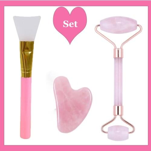 Jade Roller Set Natural Powder Crystal Gouache Face Massager Rose Quartz Jade Gua sha Stone Board Face Massage Roller Pink