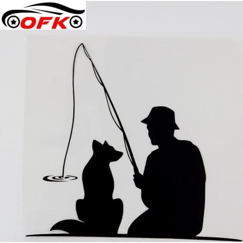 OFK Fisherman with Dog Pet Fishing Vinyl Car Sticker Black/Silver 14.8CMX13.7CM
