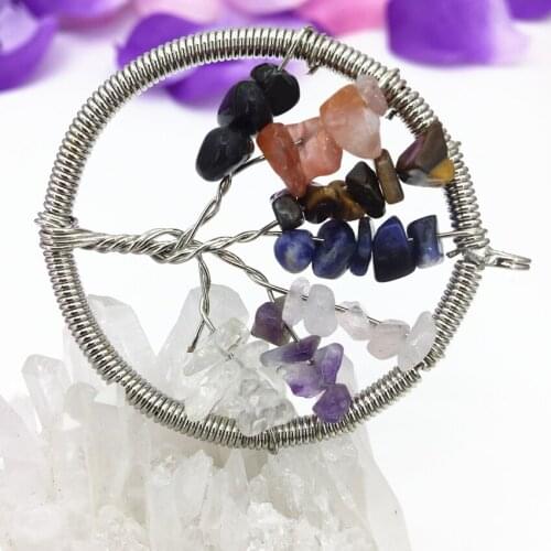 Silver plated natural mix-stone gravel winding tree of life wisdom round pendant women 50mm exquisite handmade diy jewelry B3057