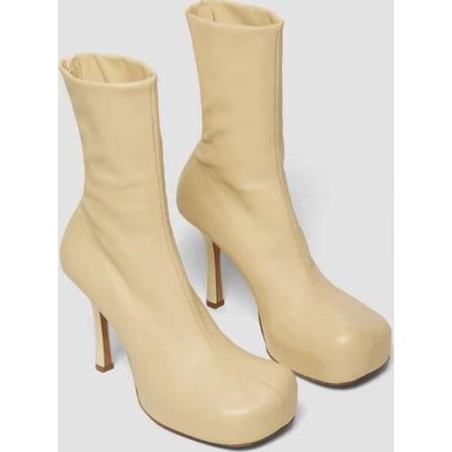 Drop Shipping Black Nude Square Big Toe 9 cm Heels Short Boots Sheep Skin Soft Leather Sexy Thin Heels Mid-calf Boots Lady