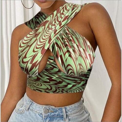 Sexy Wrapped Chest Tank Tops Tie-Dye/Serpentine Printed Sleeveless Halter Backless Slim Summer Ladies Girls Wild Cropped Vest