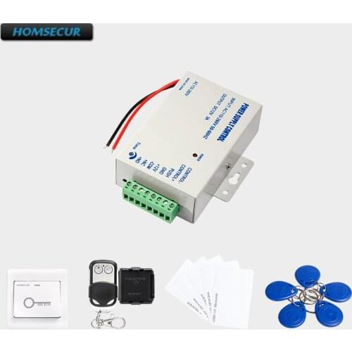 HOMSECUR DIY Door Lock Access Control System by Power Supply, Remote Controller, Exit Button, RFID Cards, RFID Keyfobs
