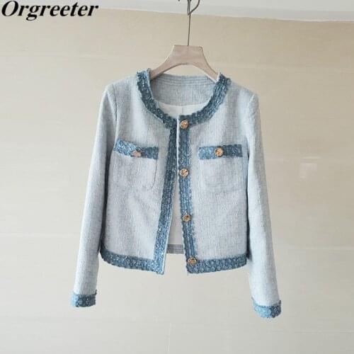 Blue French Vintage Tweed Jacket Female 2021 Temperament Autumn New Sequined Deco Denim Trim Loose Coat Casual Short Outwear